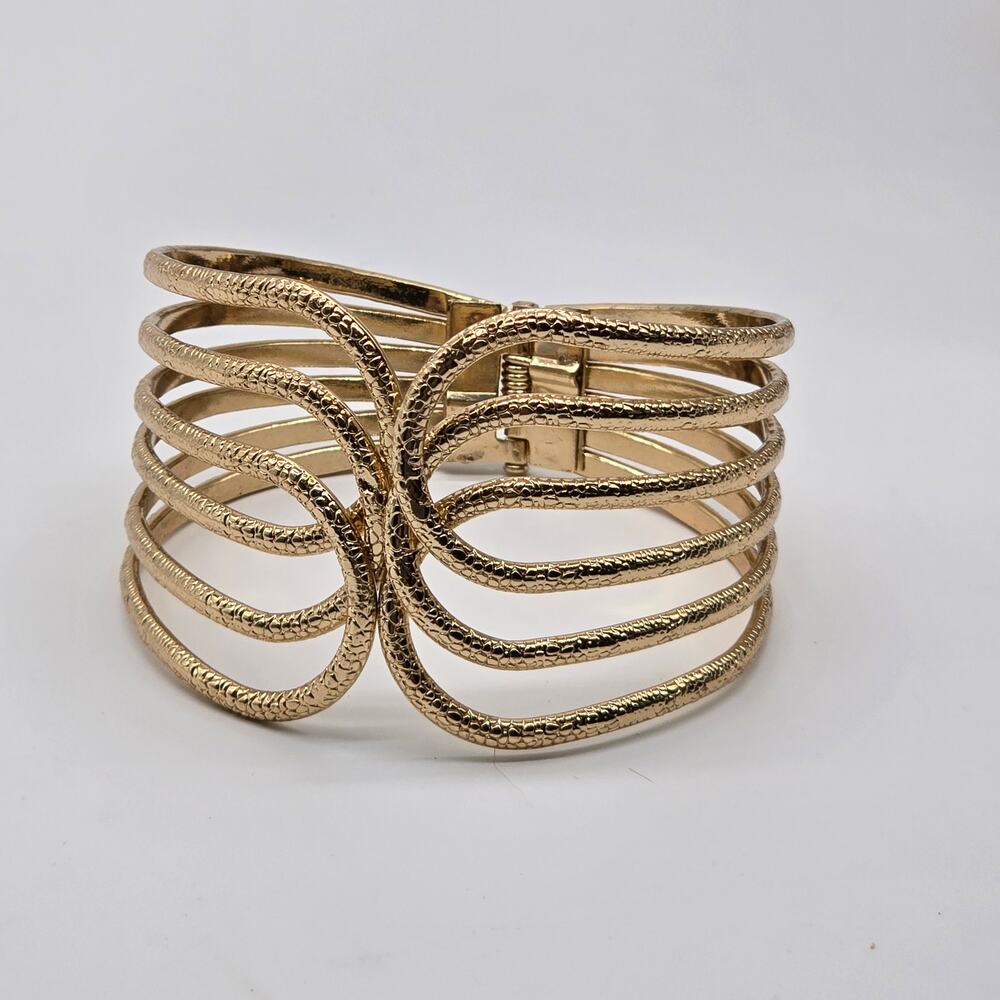 Front Open Gold Tone Textured Metal Hinged Fashion Wide Cuff Bracelet